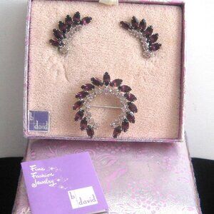 Vintage B David Brooch & matching clip Earrings amethyst glass w/ original box